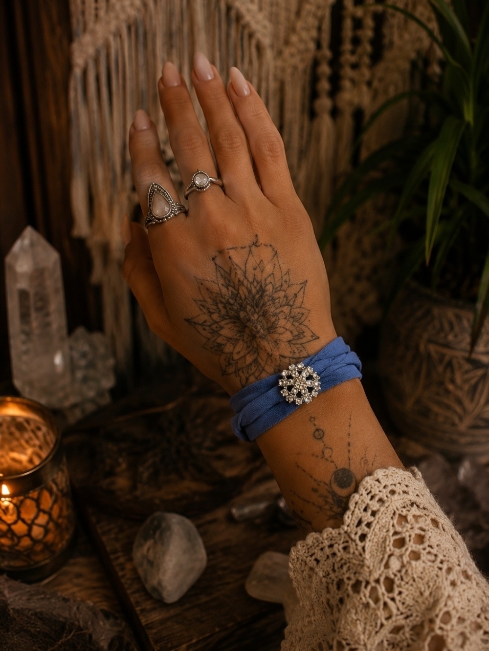 4/$15 Blue Fabric Bracelet 100% Cotton Natural Fibers, Vintage Crystal Button